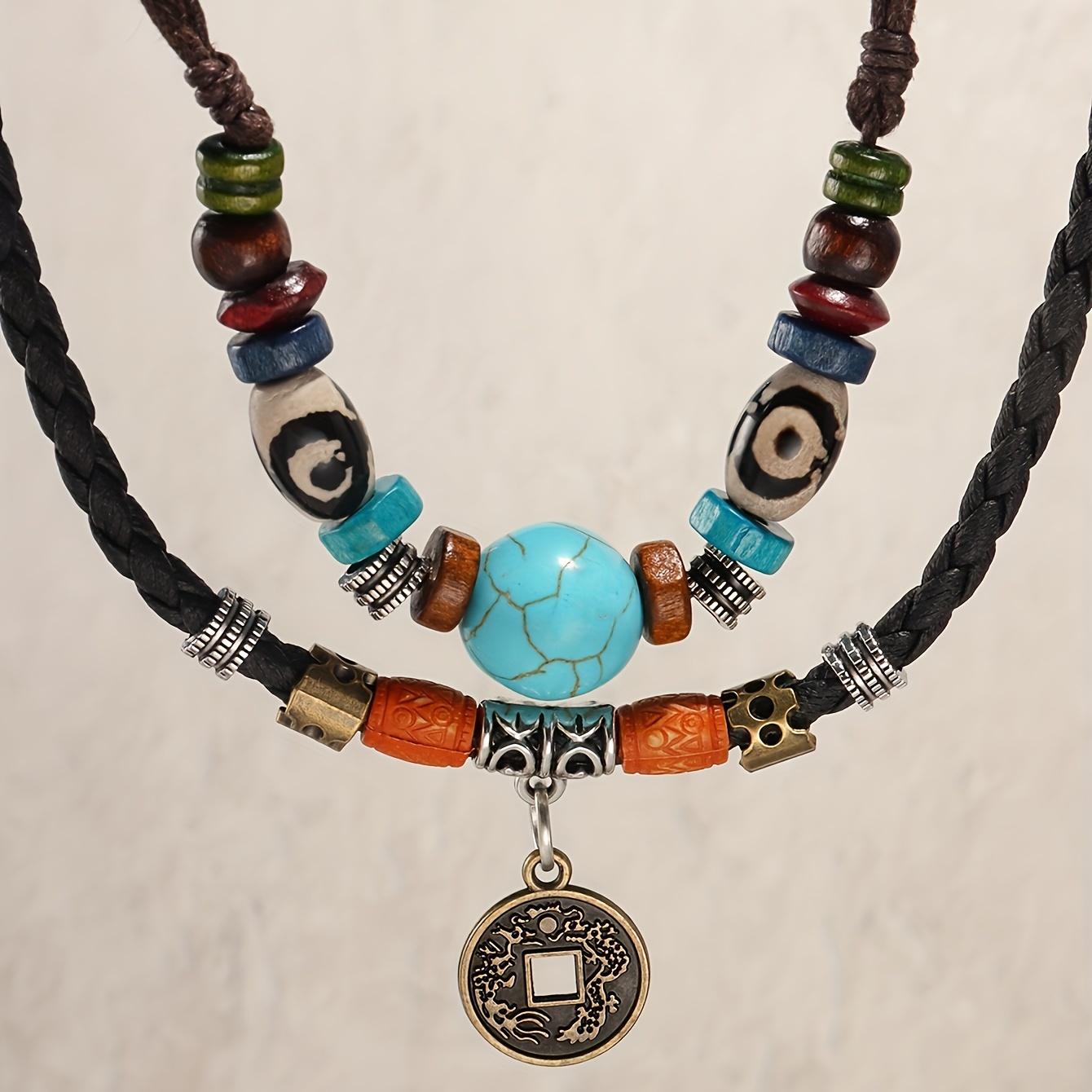Adjustable Coconut Shell Necklace Turquoise Stone Lucky Coin Pendant